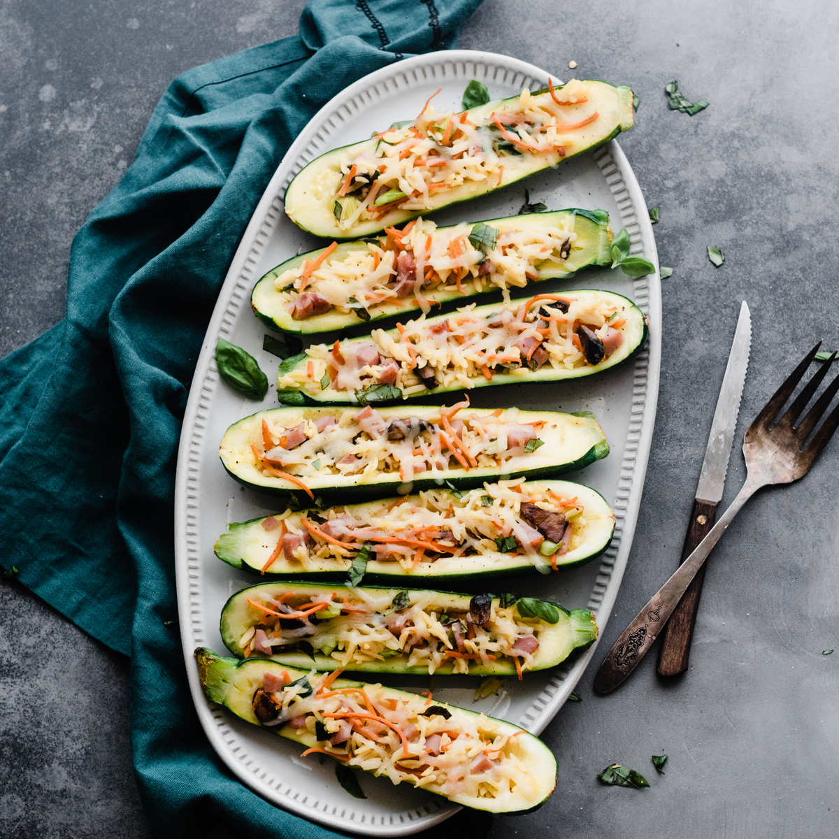 Orzo stuffed zucchini