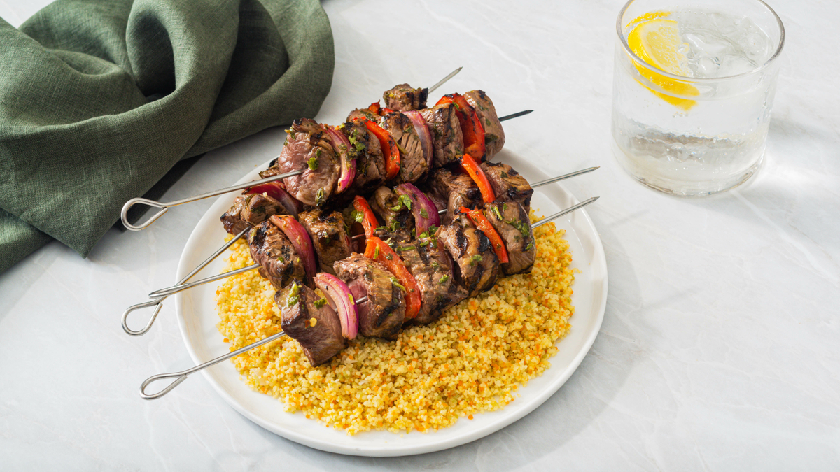 Tri Color Cous Cous w Grilled Beef Skewer Recipe