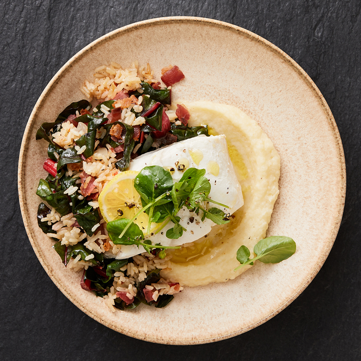 RiceSelect® WinePoached Halibut with Celery Root Puree