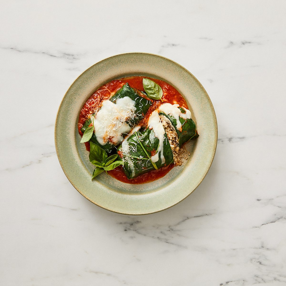 Quinoa Swiss Chard Rolls in Tomato Sauce